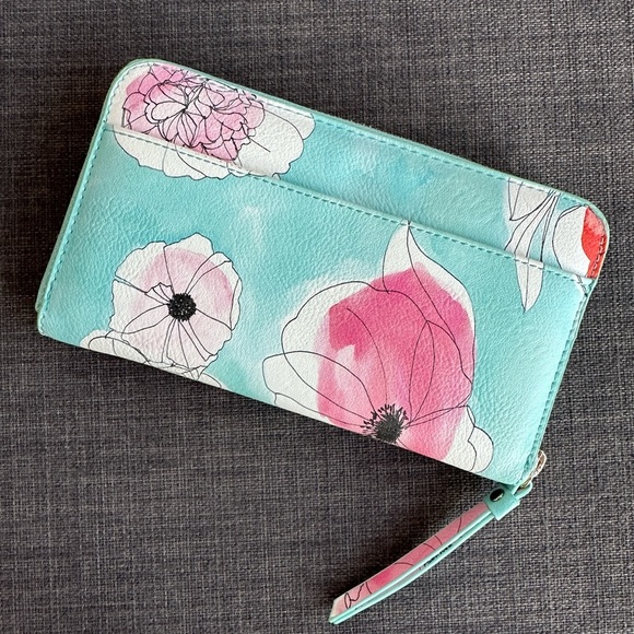 Indigo Floral Zip-Around Wallet Pastel Faux Leather Wristlet - Picture 3 of 8